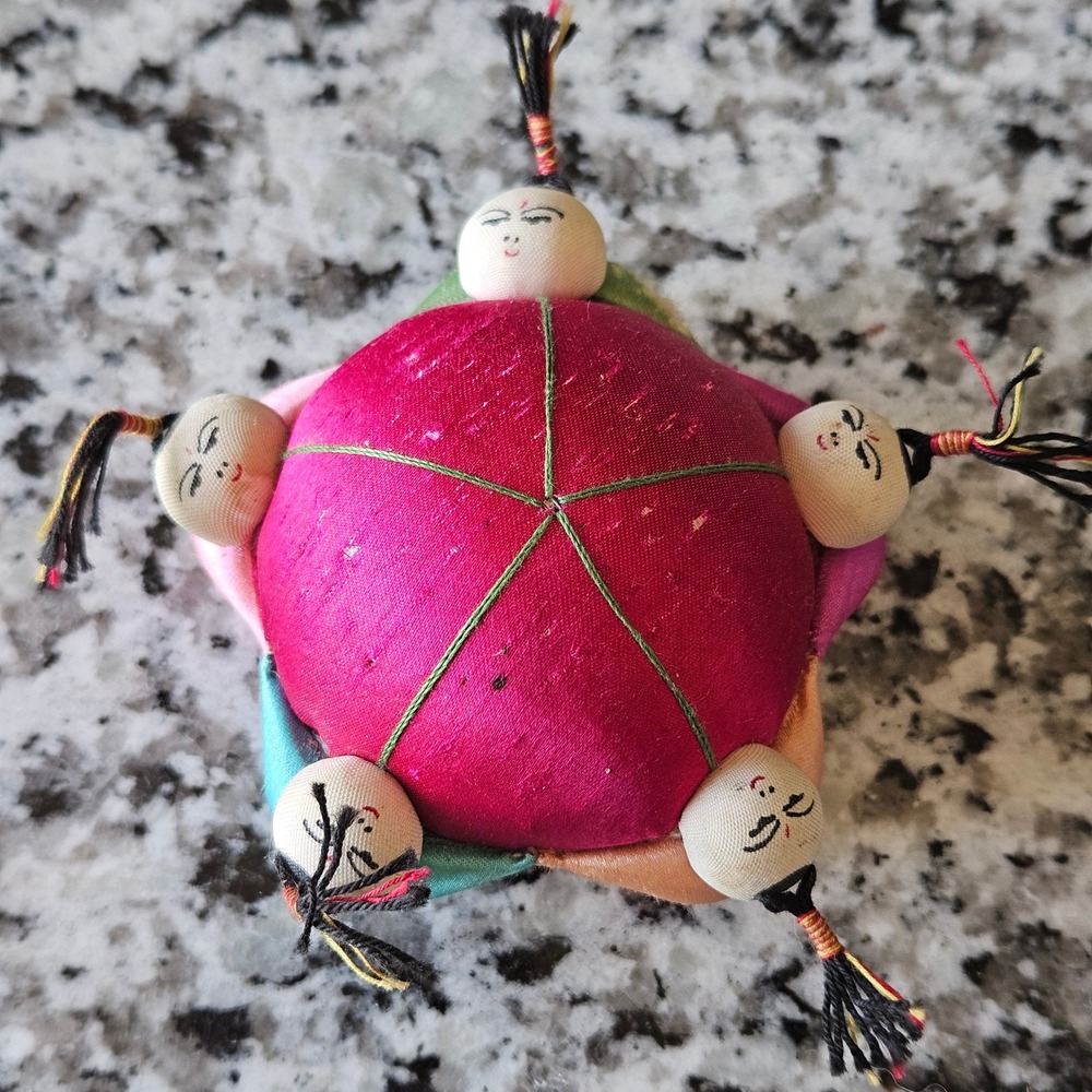 Vintage Chinese Satin Pincushion Pink Silk Children Folk Art Sewing Boho Retro